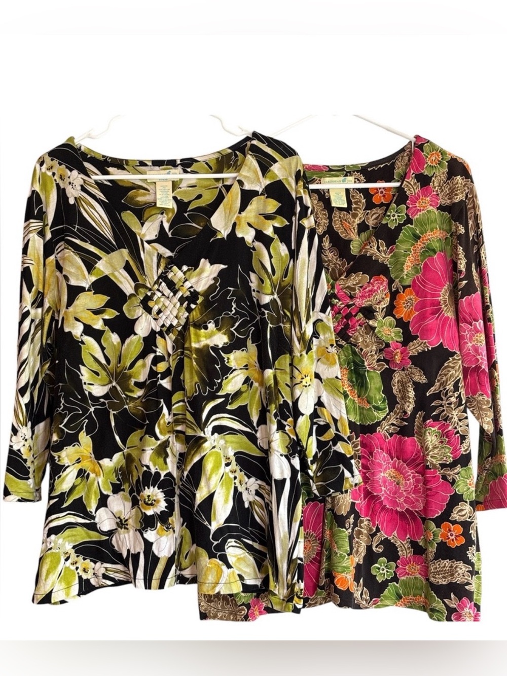 TWO! Caribbean Joe 2X Tropical Floral Tops V-Neck Lattice Detail